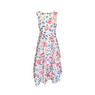 Haris Cotton Women's Blue / Pink / White Printed Silk Blend Maxi Sleeveless Dress With Elastic Back Waist Blue Wi In Multi