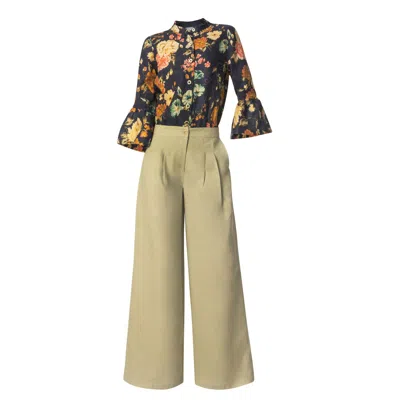 Haris Cotton Women's Blue Printed Linen Mandarin Neck Shirt With Ruffle Sleeves
