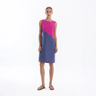 Haris Cotton Women's Blue / Purple Two Colored Knee Length Linen Sleeveless Dress Indigo Raspberry In Multi