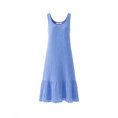 Haris Cotton Women's Blue Sleeveless Maxi Textured Cotton Dress With Lace Trim Hem Regatta
