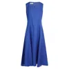 Haris Cotton Women's Blue Square Neckline Flared Linen Midi Dress - Lapis In Blue