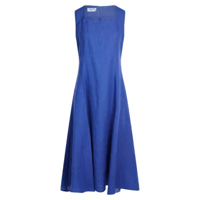 Haris Cotton Women's Blue Square Neckline Flared Linen Midi Dress - Lapis