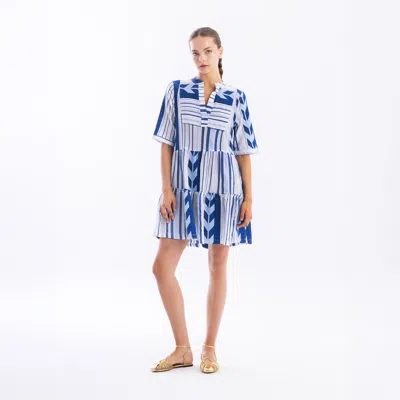 Haris Cotton Women's Blue / White Button-down A-line Cotton Embroidered Dress Blue Arrow