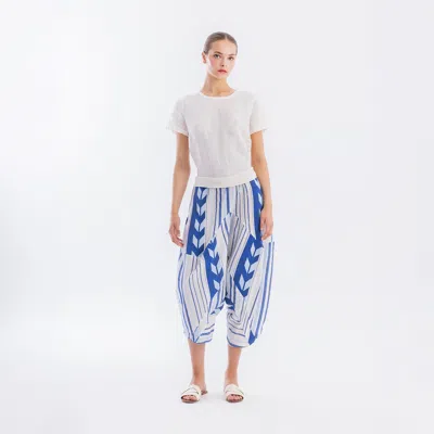 Haris Cotton Women's Blue / White Cotton Embroidered Buggy Pants With Rib Waist Blue Arrow In Multi