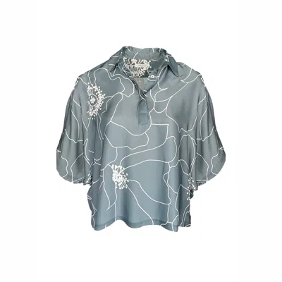 Haris Cotton Women's Blue / White Printed Satin Batwing Long Sleeve Blouse Blue Peonies