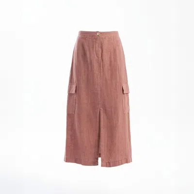 Haris Cotton Women's Brown Cargo Linen Skirt With Pockets And Front Slit Blush