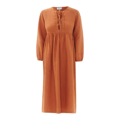 Haris Cotton Women's Brown Knot Front Linen Dress With Flounce Sleeve - Cinnamon