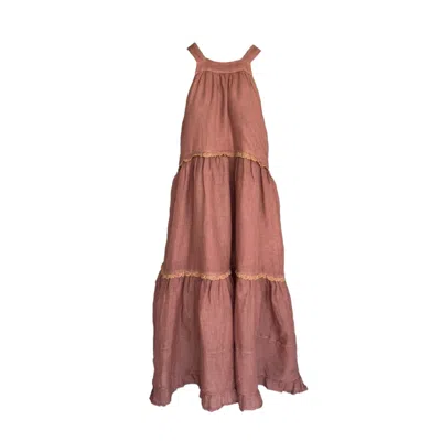 Haris Cotton Women's Brown Lace Incert Linen Gauze Strapped Maxi Dress Blush