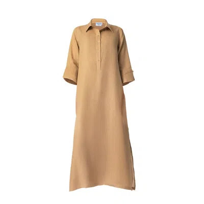 Haris Cotton Women's Brown Linen Kaftan With Front Buttons And Side Slits Camel