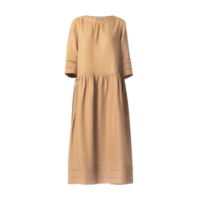 Haris Cotton Women's Brown Loose Linen Dress With Nervirs And Drawstring