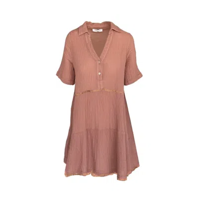 Haris Cotton Women's Brown Mini Textured Cotton Short Sleeved Dress With Front Buttons And Lace Trims Blush