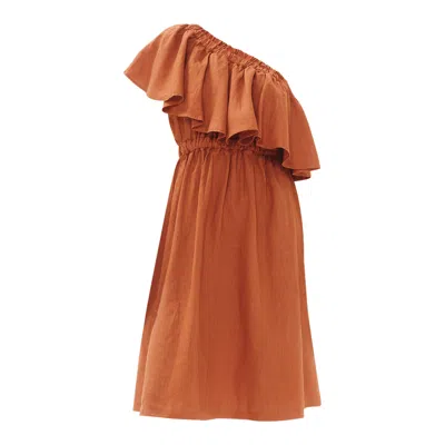Haris Cotton Women's Brown One Shoulder Midi Linen Dress With Ruffle - Cinnamon