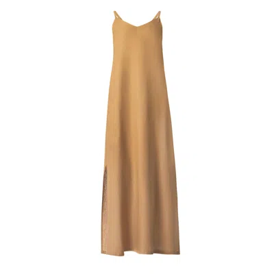 Haris Cotton Women's Brown Strapped Linen Dress With Side Slits Camel