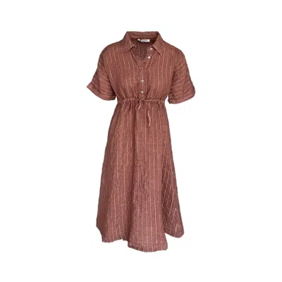 Haris Cotton Women's Brown Striped Linen Button Front Dress With Drawstring Waist Blush Gold