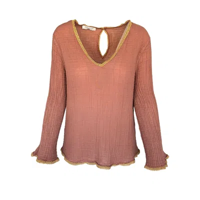 Haris Cotton Women's Brown Textured Cotton V-neck Top With Gold Trim Blush