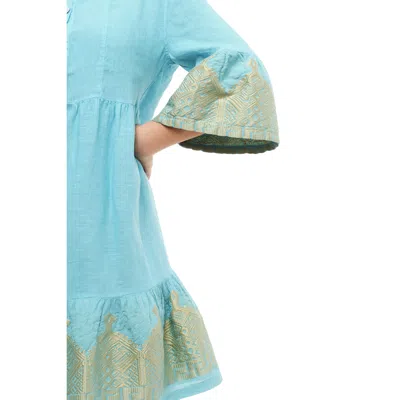 Haris Cotton Women's Cami Linen Dress With Embroidered Bell Sleeves And Hem - Crystal Blue Gold