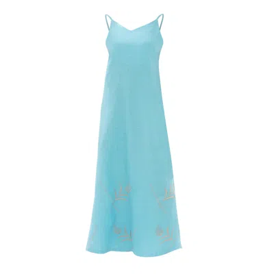 Haris Cotton Women's Embroided Tank Linen Dress With Split Hem - Zante Blue