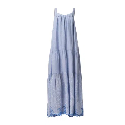 Haris Cotton Women's Embroidered Linen Gauze Maxi Strap Dress Sky Blue