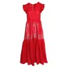 Haris Cotton Women's Embroidered Linen Maxi Dress With Frills On The Shoulders Red Silver In Red