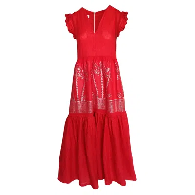Haris Cotton Women's Embroidered Linen Maxi Dress With Frills On The Shoulders Red Silver
