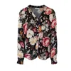 Haris Cotton Women's Floral Satin Shirt With Shirring And Elastic Cuffs Colorful Garden In Black