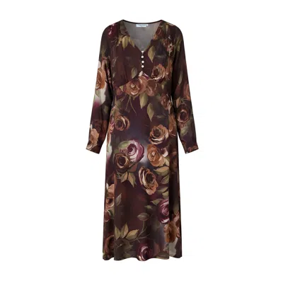 Haris Cotton Women's Floral Viscose Dress With Pleats And Decorative Buttons Chocolate Romance In Brown