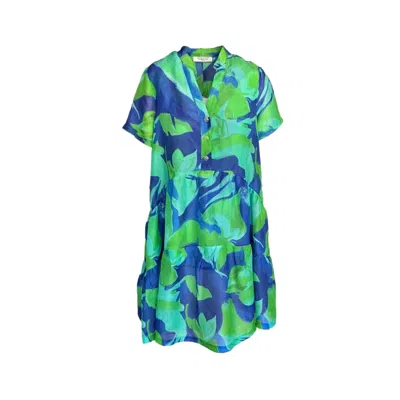 Haris Cotton Women's Green / Blue Mini Printed Linen Blend Short Sleeved Dress With Front Buttons Blue Lagoon