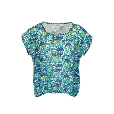Haris Cotton Women's Green / Blue Printed Linen Gauze Blouse With Round Neck - Petals Blue In Green/blue