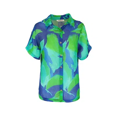 Haris Cotton Women's Green / Blue Short Sleeved Printed Linen Blend Shirt Blue Lagoon