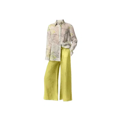 Haris Cotton Women's Green Drawstring Waist Wide Leg Linen Pants Pear