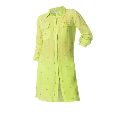 Haris Cotton Women's Green Embroidered Linen Gauze Long Sleeved Shirt Dress With Front Pockets  Kiwi-fuchsia