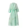 Haris Cotton Women's Green Embroidered Linen Kimono With Belt Mint-olive In Green