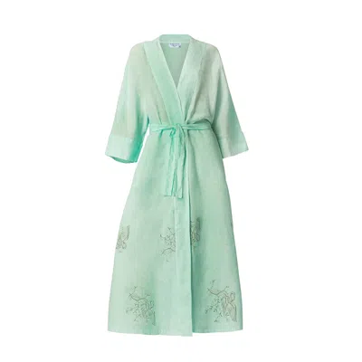 Haris Cotton Women's Green Embroidered Linen Kimono With Belt Mint-olive