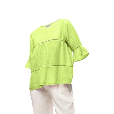Haris Cotton Women's Green Guipure Lace Insert Flounce Sleeve Ruffle Hem Blouse Pear