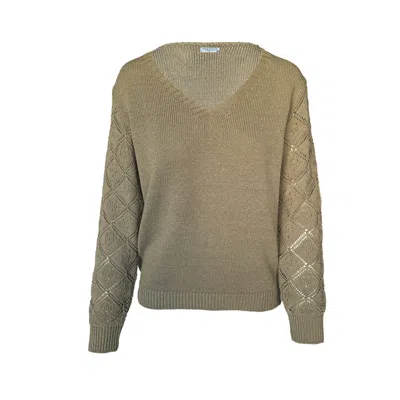 Haris Cotton Women's Green Knit Sweater With Embroidered Sleeves Sage