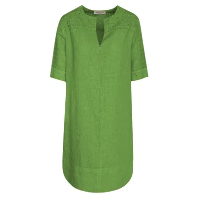 Haris Cotton Women's Green Linen Front Zip Dress With Embroidered Panels - Avocado