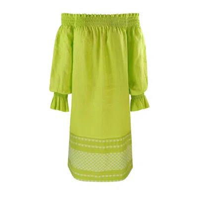 Haris Cotton Women's Green Linen Mini Off Shoulders Dress With Embroidered Cotton Panels Kiwi-white