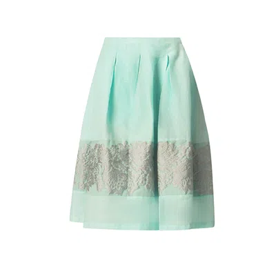 Haris Cotton Women's Green Linen Skirt With Pleats And Cotton Embroidery Mint Silver