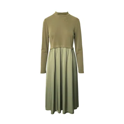 Haris Cotton Women's Green Long-sleeve Dress With Rib Top And Satin Skirt  Khaki