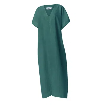 Haris Cotton Women's Green Loose Short Sleeved Linen Dress With V Neck Emerald