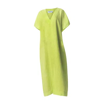 Haris Cotton Women's Green Loose Short Sleeved Linen Dress With V Neck Pear