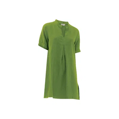 Haris Cotton Women's Green Mandarin Neck Linen  Cami Dress With Flutter Sleeves Avocado