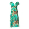 Shop Haris Cotton Women's Green Midi Printed Satin Dress With Flutter Sleeves And Side Slit Emerald Forest