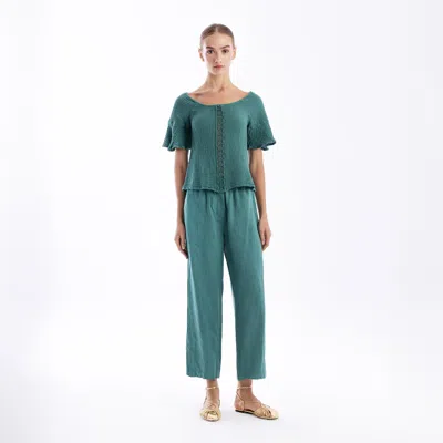 Haris Cotton Women's Green Off Shoulder Textured Cotton Blouse With Sheer Lace Emerald In Blue