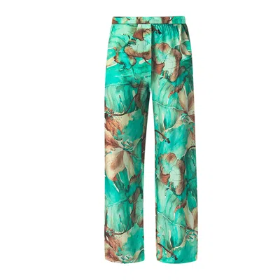 Haris Cotton Women's Green Printed Satin Pants Emerald Forest
