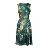 Haris Cotton Women's Green Printed Satin Sleeveless Midi Dress With Pleats Emerald Romance In Green