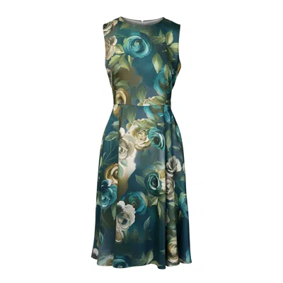 Haris Cotton Women's Green Printed Satin Sleeveless Midi Dress With Pleats Emerald Romance