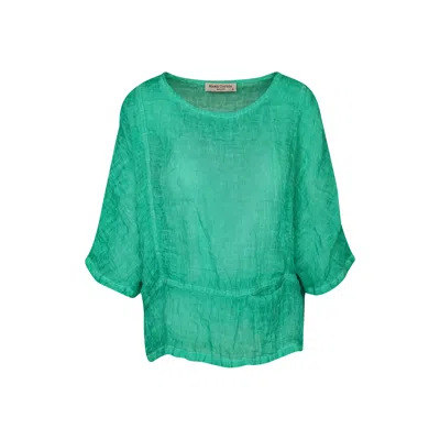 Haris Cotton Women's Green Round Neck Linen Blouse With Batwing Sleeve - Emerald