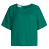 Haris Cotton Women's Green Round Neck Linen Blouse With Batwing Sleeve And Back Buttons Emerald In Green