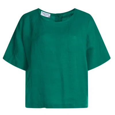 Haris Cotton Women's Green Round Neck Linen Blouse With Batwing Sleeve And Back Buttons Emerald